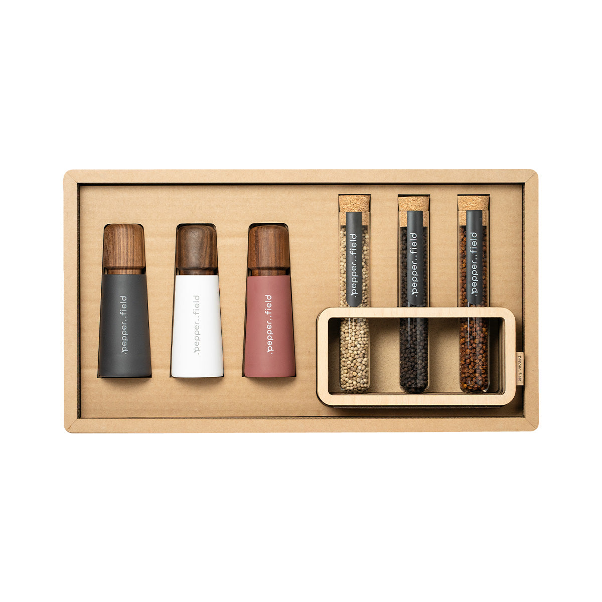Luxury gift suitcase made of recycled carton with 3 grinders and campot pepper 3x70g in tubes with stand