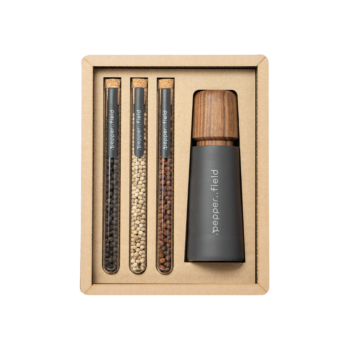 Scandinavian grinder with set of tube with campaign pepper in a gift cardboard box (3x10g)