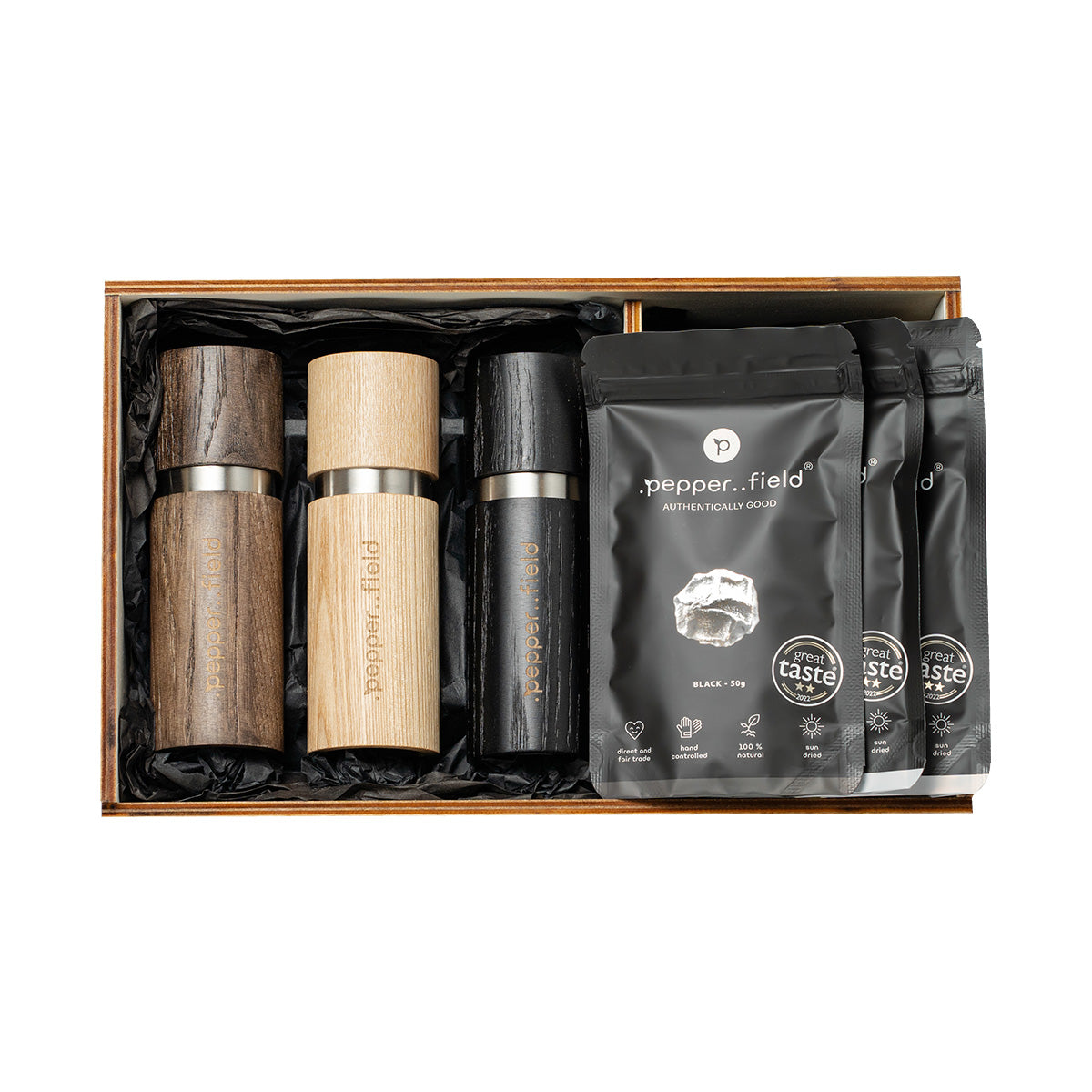 Campot pepper - set of 3 grinders and 3 doypacks (3x50g) in a huge gift briefcase